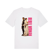 white geek t-shirt with the graphic of legendary jedi's and the slogan 'rebel woman'