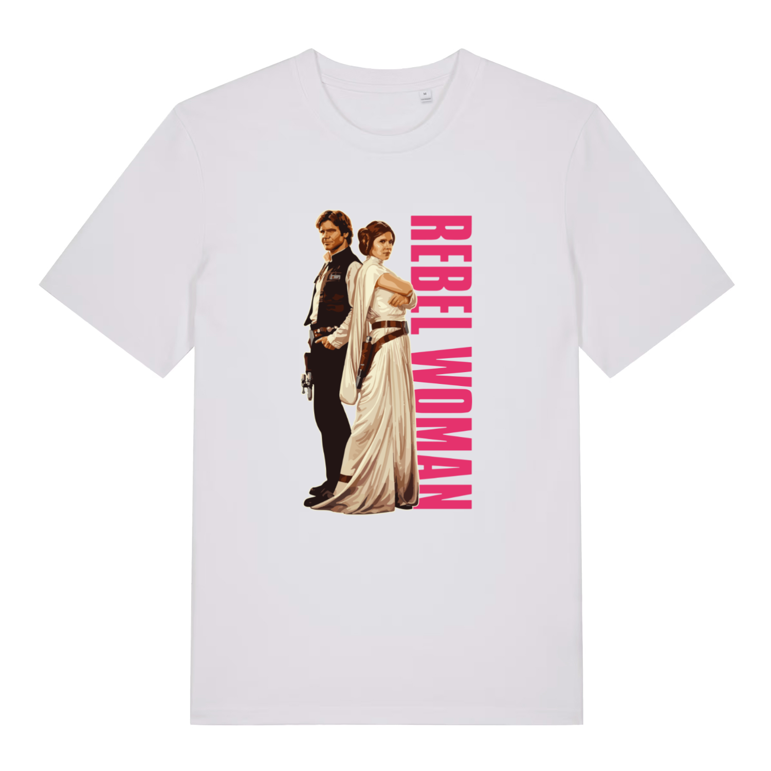 white geek t-shirt with the graphic of a jedi knight and a princess and the slogan 'rebel woman'