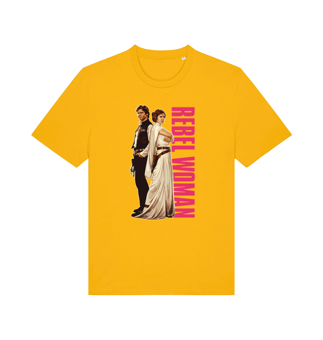 yellow geek t-shirt with the graphic of legendary jedi's and the slogan 'rebel woman'