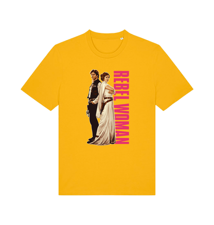 yellow geek t-shirt with the graphic of legendary jedi's and the slogan 'rebel woman'