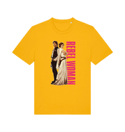 yellow geek t-shirt with the graphic of legendary jedi's and the slogan 'rebel woman'