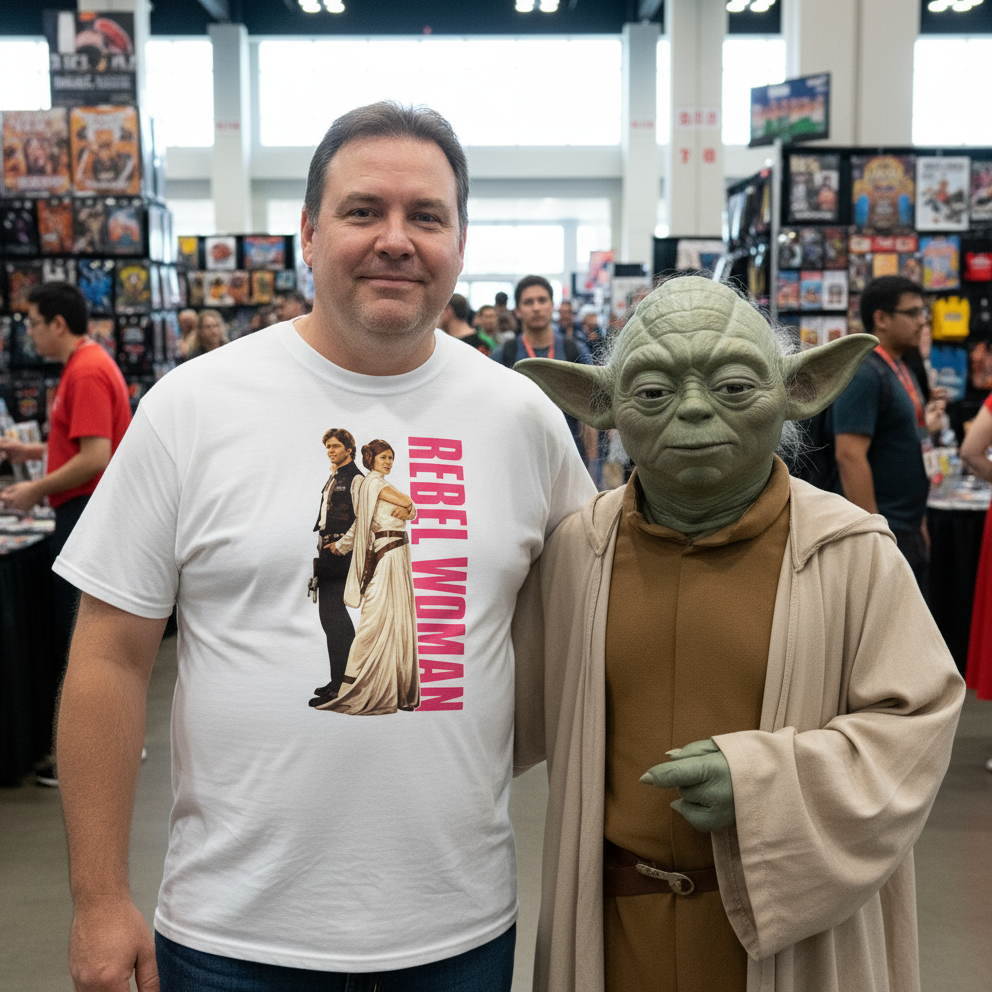 Man wearing a 'Rebel Woman' t-shirt standing next to a person in a Yoda costume at a convention.