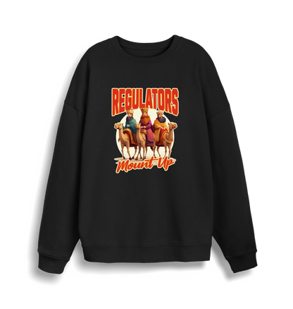 black christmas sweater with the graphic of three wise men on horses and the slogan 'regulators mount up'