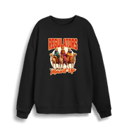 black christmas sweater with the graphic of three wise men on horses and the slogan 'regulators mount up'