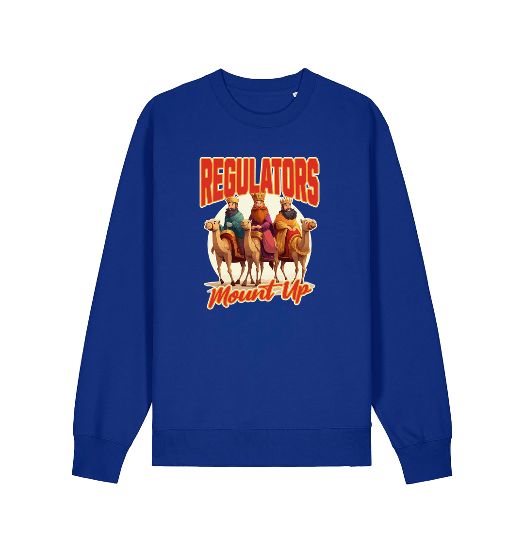 blue christmas sweater with the graphic of three wise men on horses and the slogan 'regulators mount up'