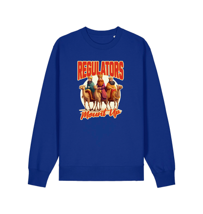 blue christmas sweater with the graphic of three wise men on horses and the slogan 'regulators mount up'