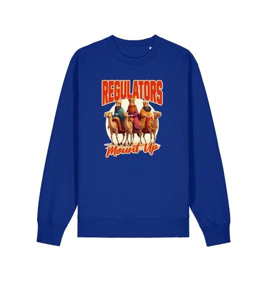blue christmas sweater with the graphic of three wise men on horses and the slogan 'regulators mount up'