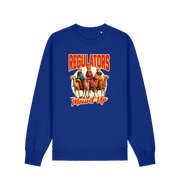 blue christmas sweater with the graphic of three wise men on horses and the slogan 'regulators mount up'