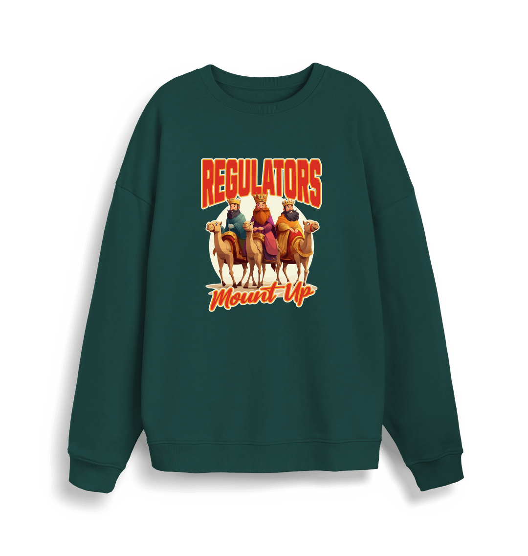 green christmas sweater with the graphic of three wise men on horses and the slogan 'regulators mount up'