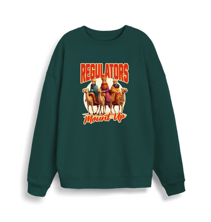 green christmas sweater with the graphic of three wise men on horses and the slogan 'regulators mount up'