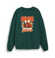 green christmas sweater with the graphic of three wise men on horses and the slogan 'regulators mount up'