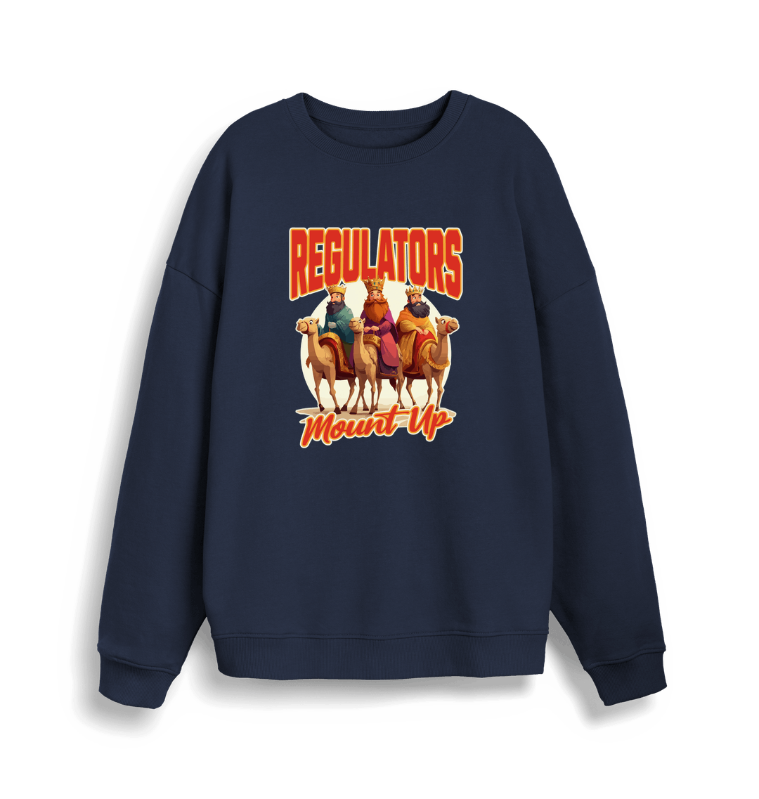 navy christmas sweater with the graphic of three wise men on horses and the slogan 'regulators mount up'