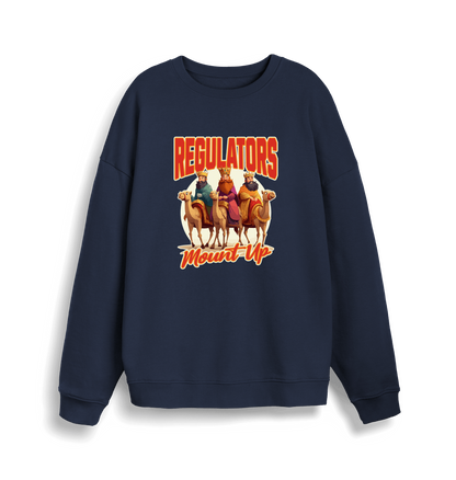 navy christmas sweater with the graphic of three wise men on horses and the slogan 'regulators mount up'