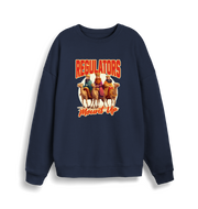 navy christmas sweater with the graphic of three wise men on horses and the slogan 'regulators mount up'