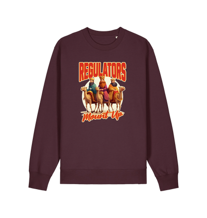 red brown christmas sweater with the graphic of three wise men on horses and the slogan 'regulators mount up'