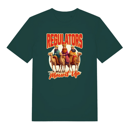 green christmas t-shirt with a graphic of the three wise kings riding camels and the slogan 'regulators mount up'