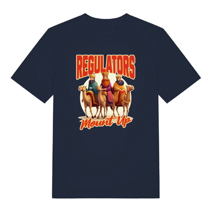 navy christmas t-shirt with a graphic of the three wise kings riding camels and the slogan 'regulators mount up'