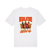 white christmas t-shirt with the graphic of three wise men sat on camels and the slogan 'regulators mount up'