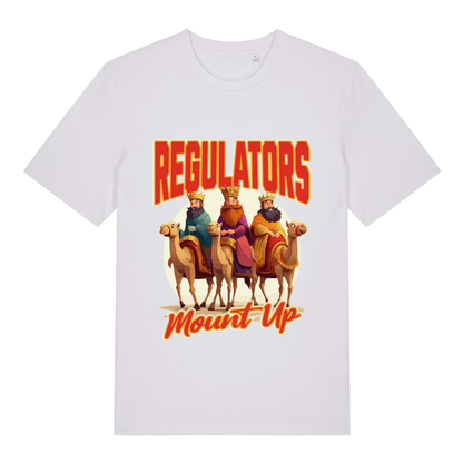 White Regulators Mount Up funny Christmas graphic t-shirt showing classic wise kings artwork  