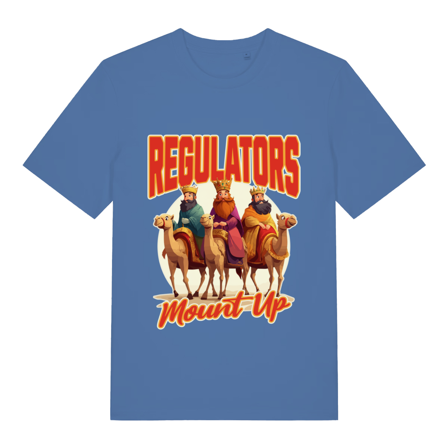 Blue Regulators Mount Up funny Christmas graphic t-shirt featuring ultimate festive hip-hop design  