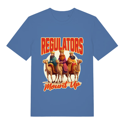 Blue Regulators Mount Up funny Christmas graphic t-shirt featuring ultimate festive hip-hop design  
