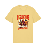 yellow christmas t-shirt with the graphic of three wise men sat on camels and the slogan 'regulators mount up'