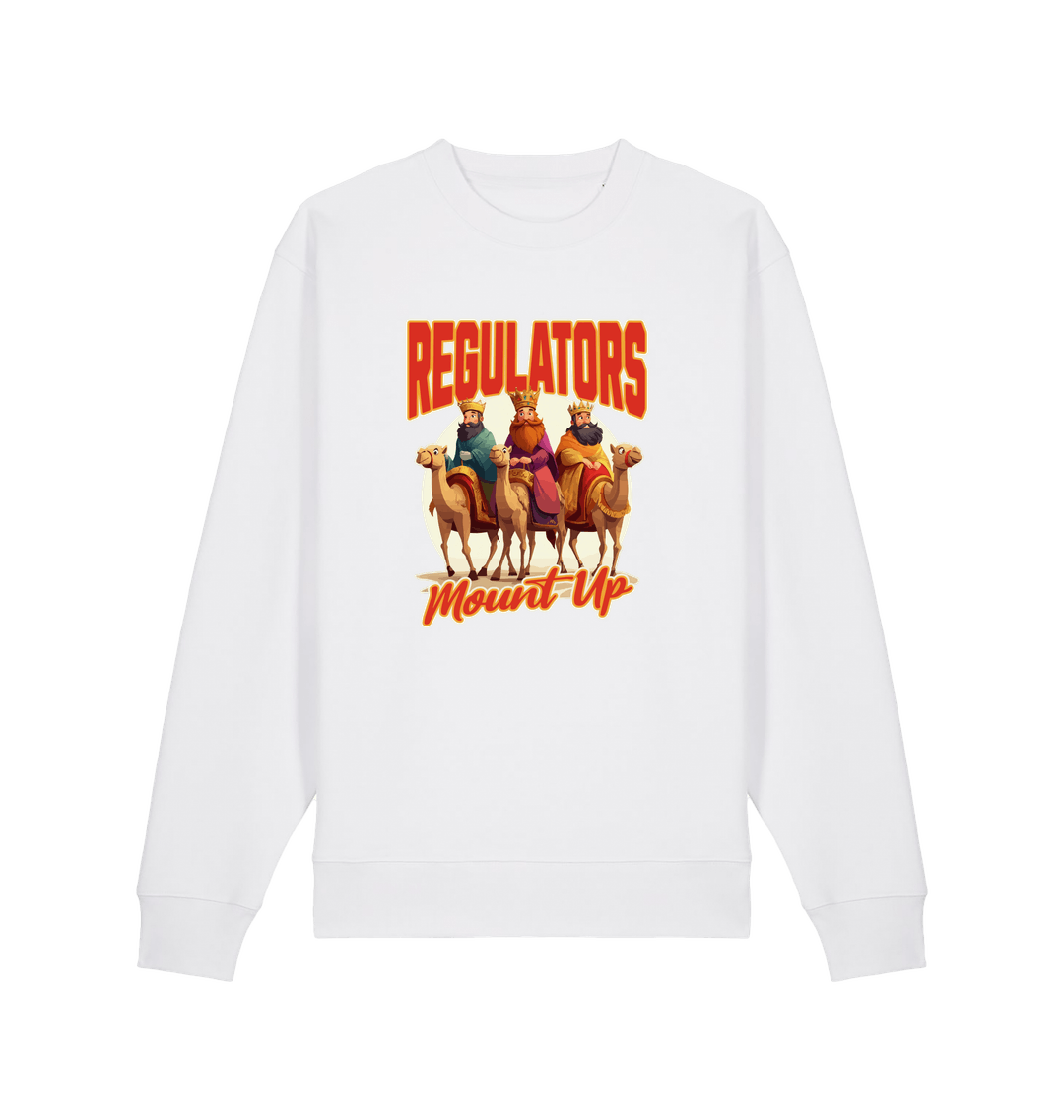 white christmas sweater with the graphic of three wise men on horses and the slogan 'regulators mount up'