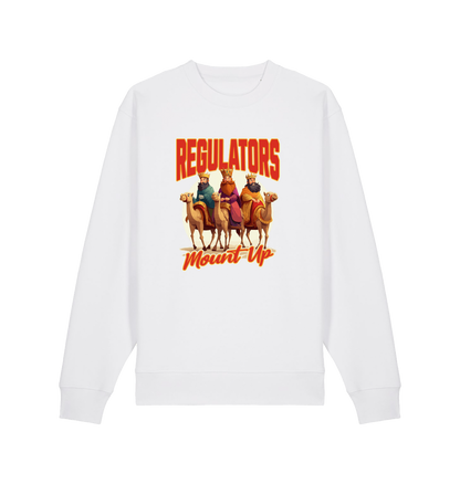 white christmas sweater with the graphic of three wise men on horses and the slogan 'regulators mount up'