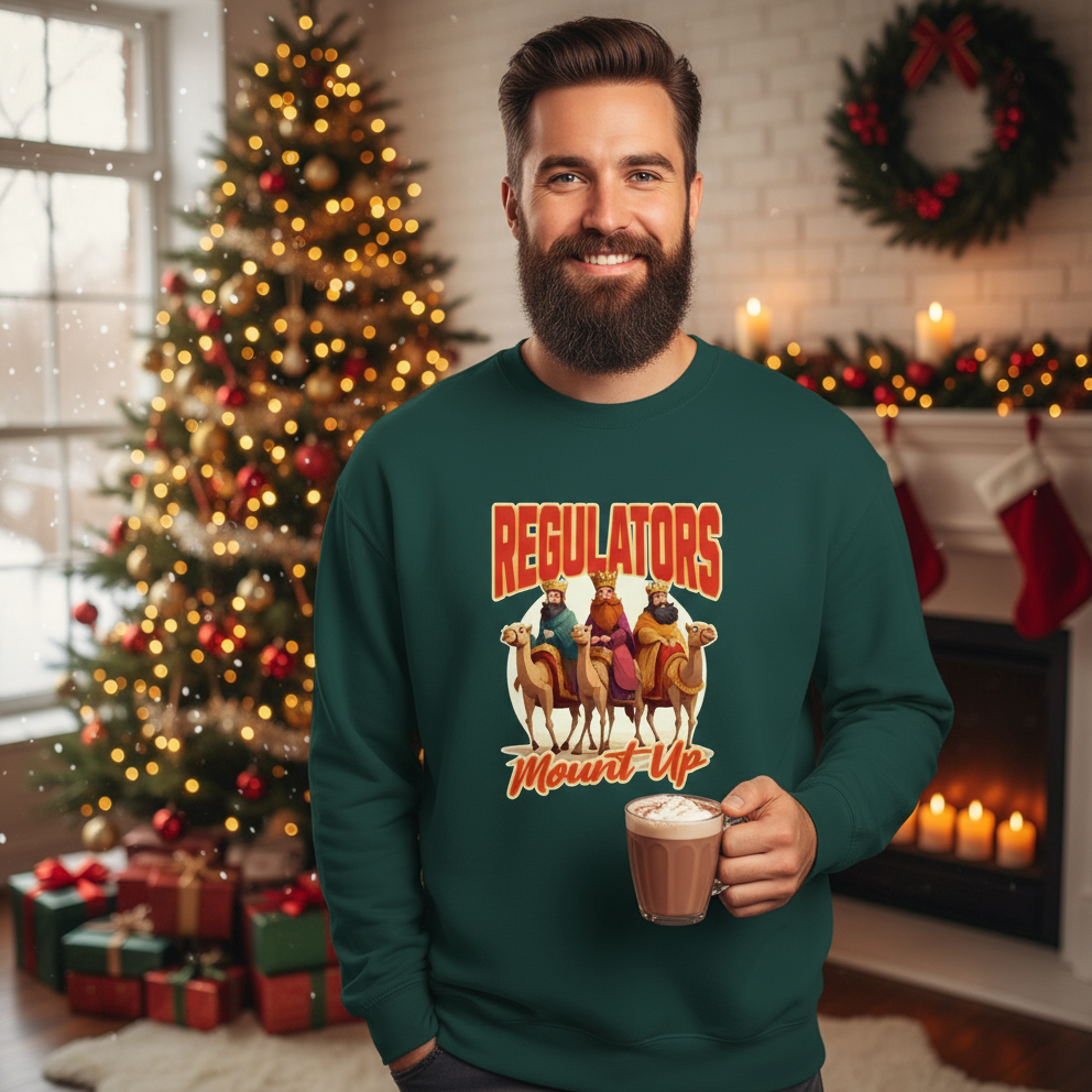 Man wearing a green sweatshirt with a Christmas-themed design, holding a hot beverage, in a festive room with a Christmas tree and wreath.
