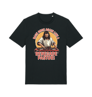 black funny jesus t-shirt with the graphic of jesus on the turntables and the slogan 'back once again like a renegade pastor'