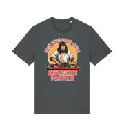 grey funny jesus t-shirt with the graphic of jesus on the turntables and the slogan 'back once again like a renegade pastor'