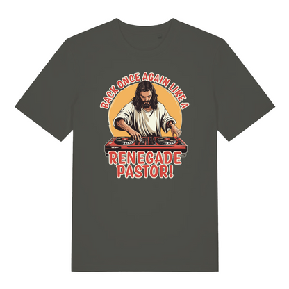 khaki funny jesus t-shirt with the graphic of a dj jesus on the decks and the slogan 'back once again like a renegade pastor'