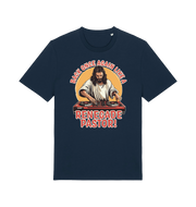 navy funny jesus t-shirt with the graphic of jesus on the turntables and the slogan 'back once again like a renegade pastor'