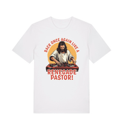 white funny jesus t-shirt with the graphic of jesus on the turntables and the slogan 'back once again like a renegade pastor'