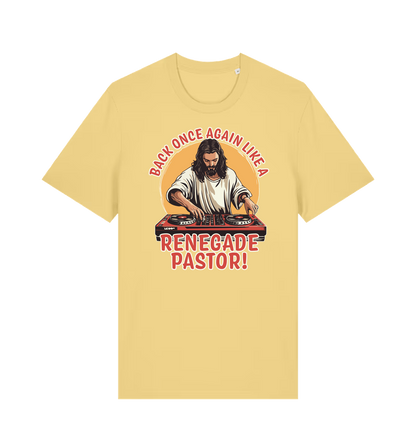 yellow funny jesus t-shirt with the graphic of jesus on the turntables and the slogan 'back once again like a renegade pastor'