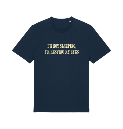 navy slogan t-shirt with 'i'm not sleeping i'm resting my eyes'
