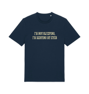 navy slogan t-shirt with 'i'm not sleeping i'm resting my eyes'