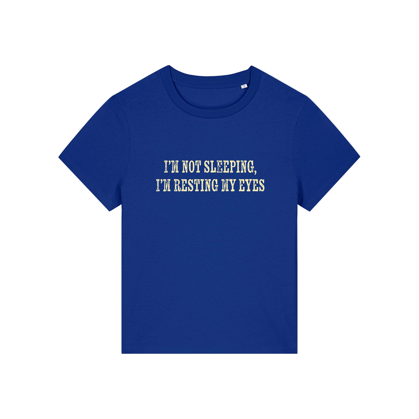 blue funny slogan t-shirt that reads 'i'm not sleeping i'm resting my eyes'