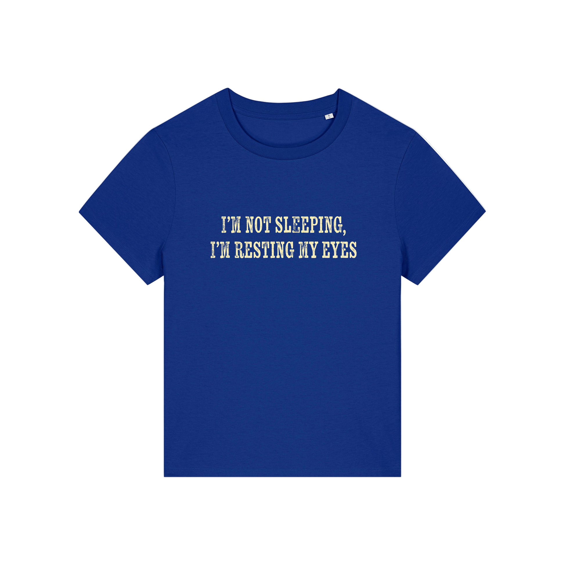 blue funny slogan t-shirt that reads 'i'm not sleeping i'm resting my eyes'