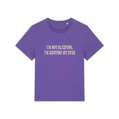 purple funny slogan t-shirt that reads 'i'm not sleeping i'm resting my eyes'