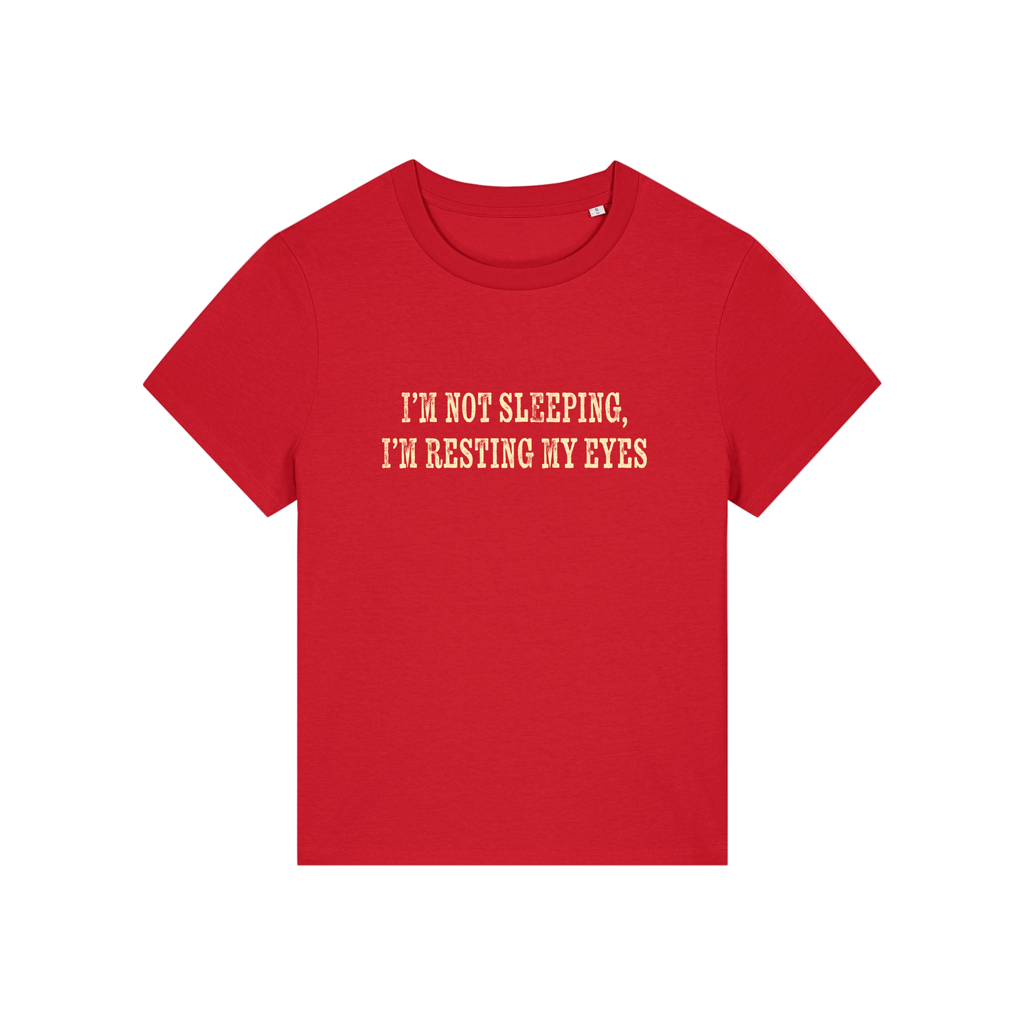 red funny slogan t-shirt that reads 'i'm not sleeping i'm resting my eyes'