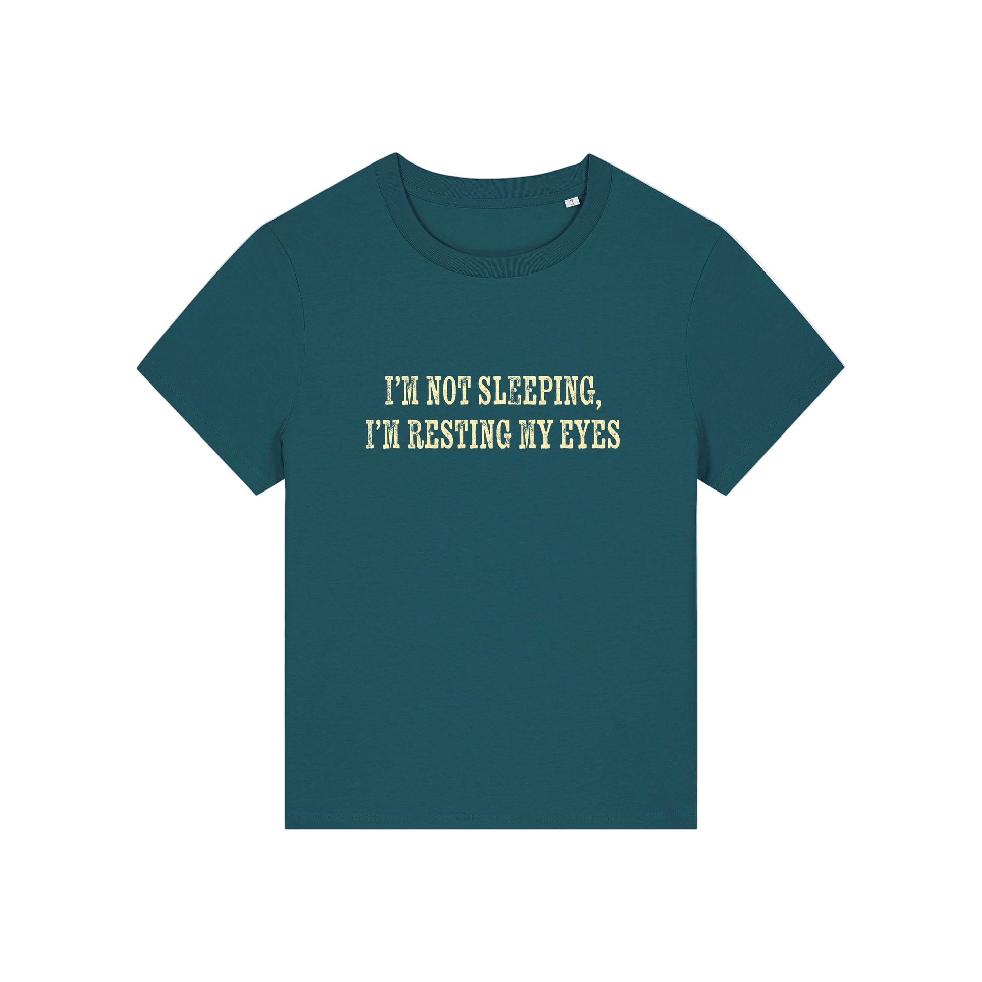 teal funny slogan t-shirt that reads 'i'm not sleeping i'm resting my eyes'