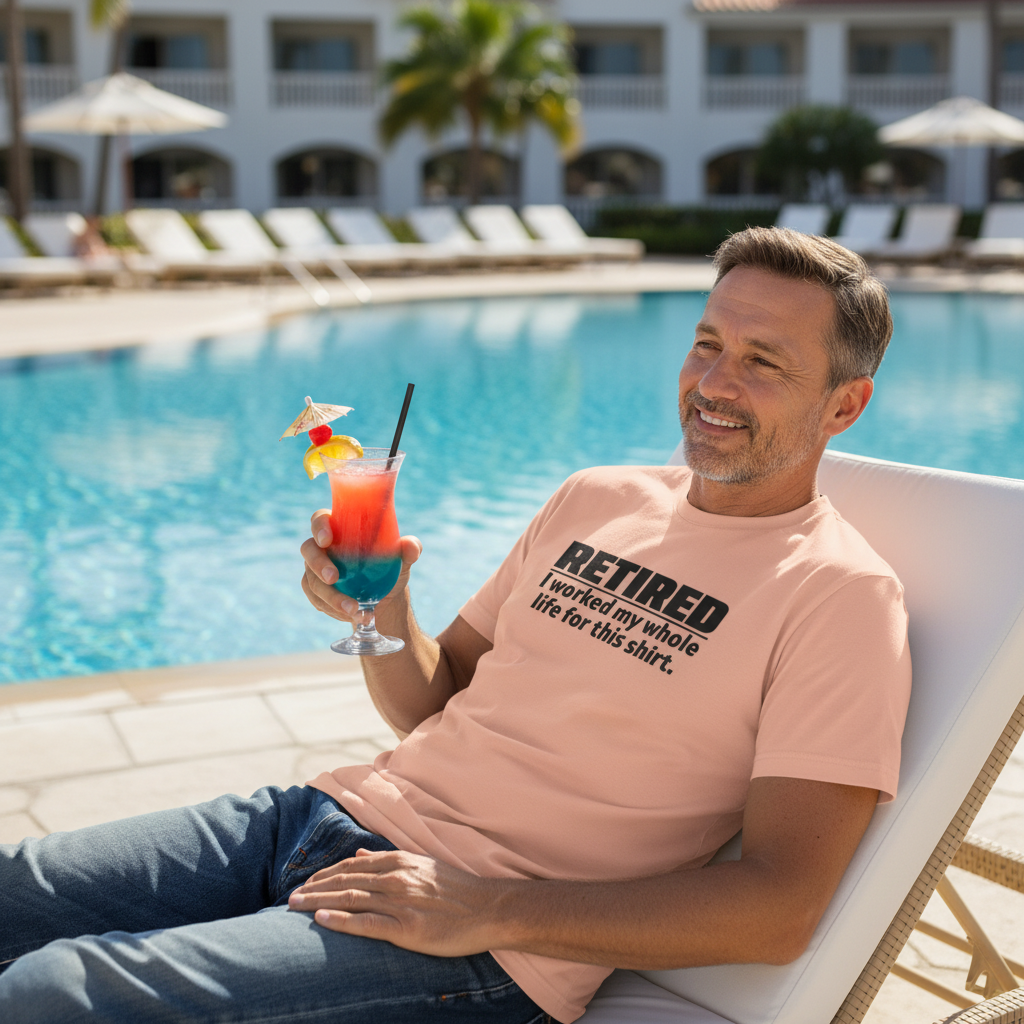 man sat on a sun lounger by a pool enjoying a cocktail, wearing a peach coloured t-shirt with the funny slogan 'retired i worked my whole life for this shirt'