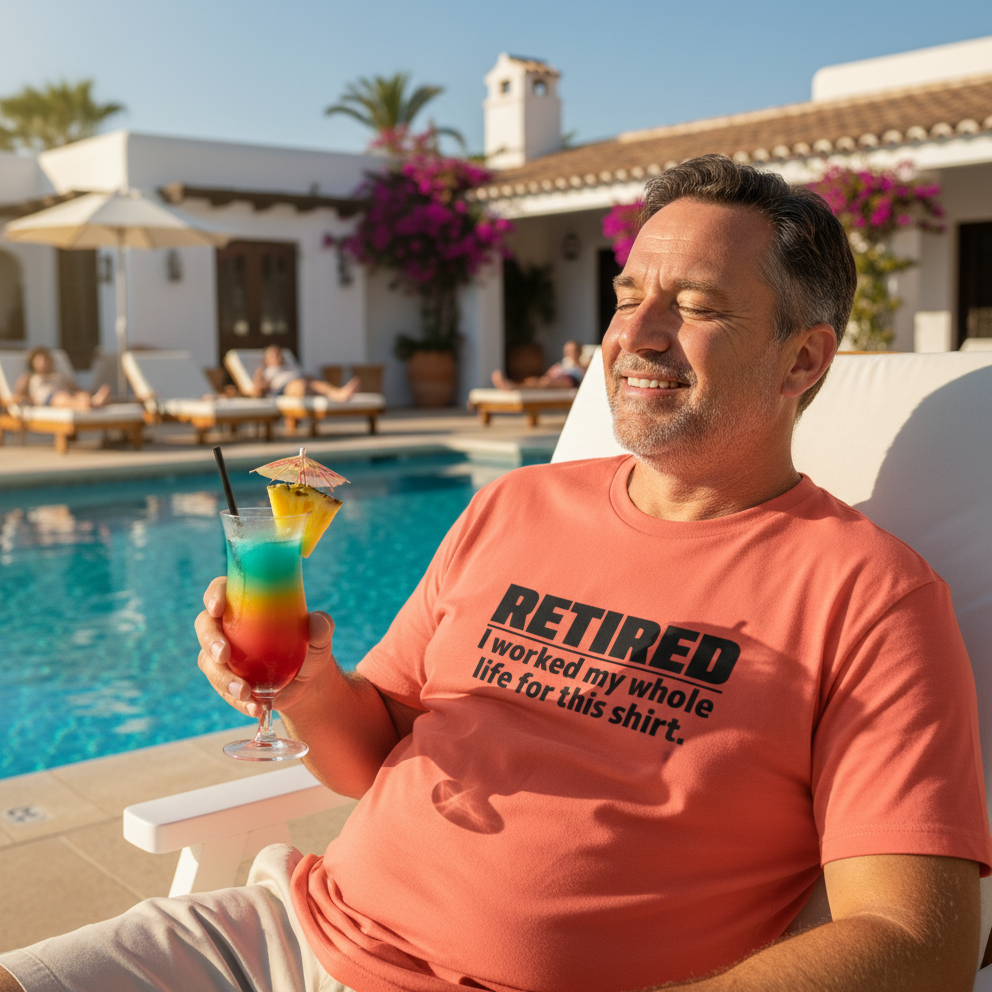 Man in a 'Retired' shirt holding a colorful drink by a poolside.