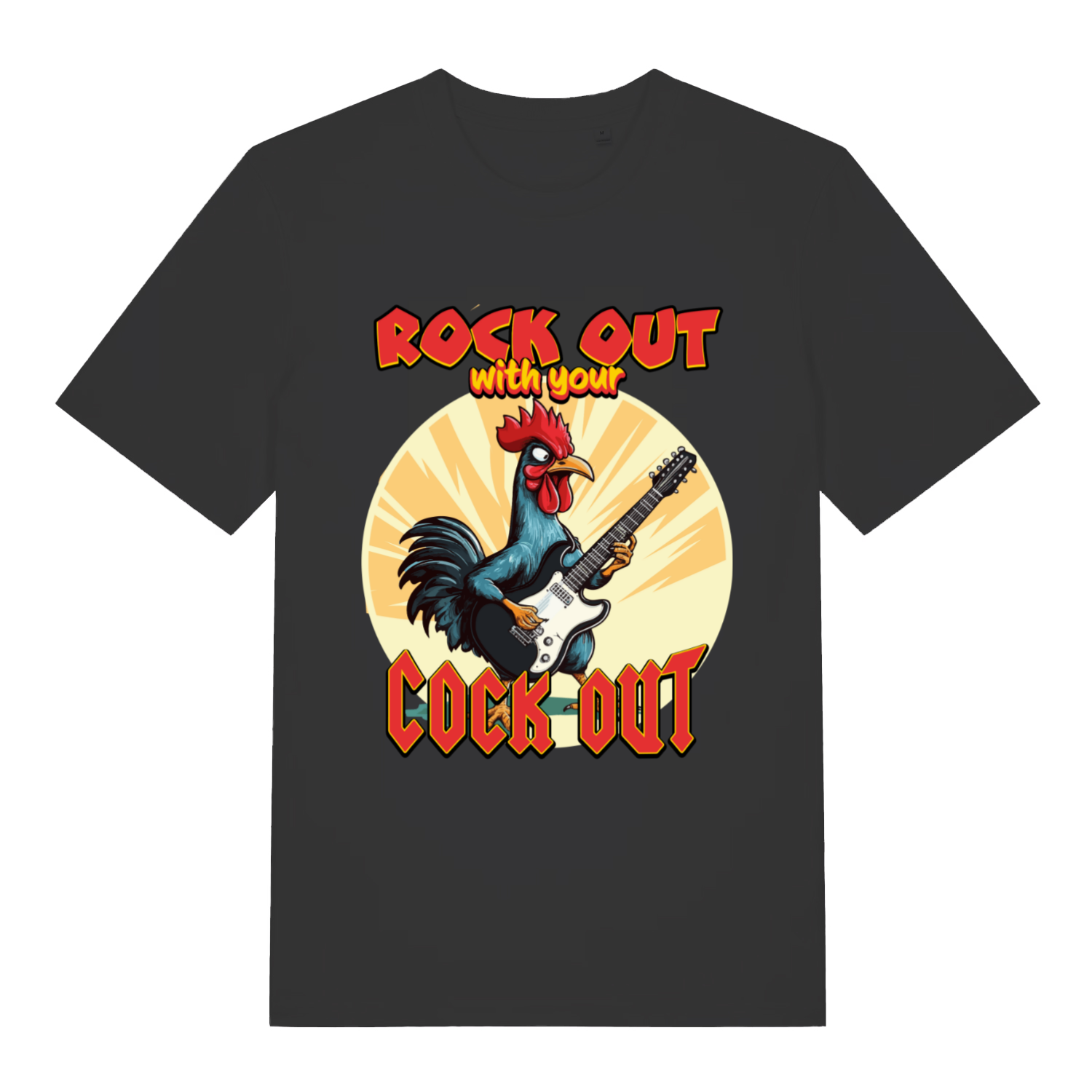 Black Rock Out With Your Cock Out funny graphic t-shirt with guitar playing cockerel design  