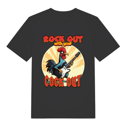 Black Rock Out With Your Cock Out funny graphic t-shirt with guitar playing cockerel design  