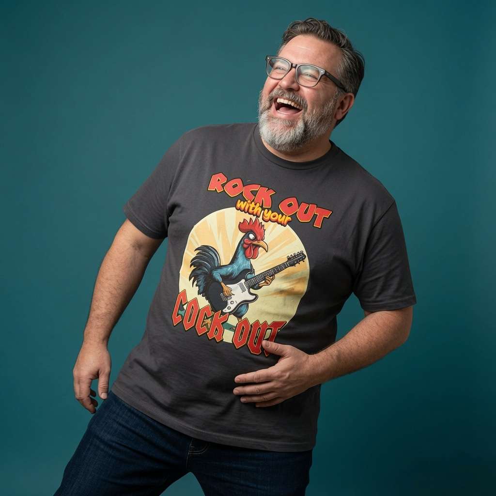 Bearded man with glasses laughing with one hand on his stomach while wearing a black Rock Out with Your Cock Out t-shirt featuring a rooster shredding on guitar, funny mens cockerel graphic pun