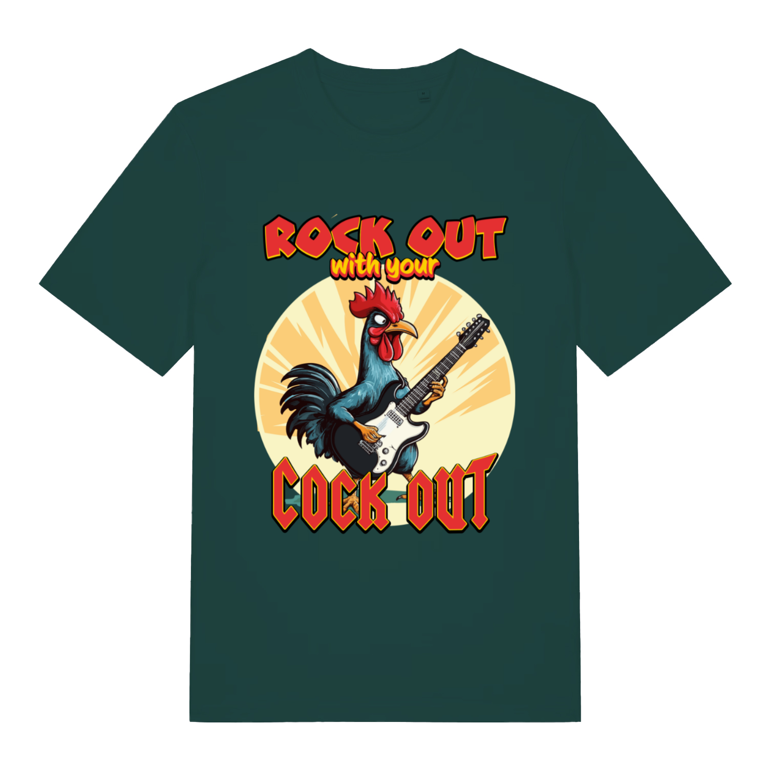 Green Rock Out With Your Cock Out funny graphic t-shirt featuring cheeky rooster rocker  