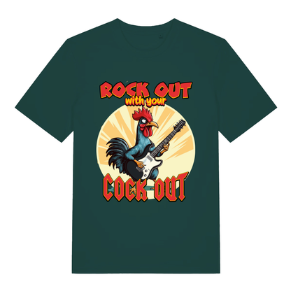 Green Rock Out With Your Cock Out funny graphic t-shirt featuring cheeky rooster rocker  