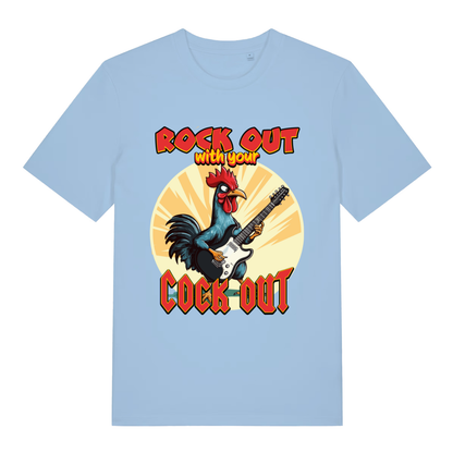 Light blue Rock Out With Your Cock Out funny graphic t-shirt with bold cock out lettering  
